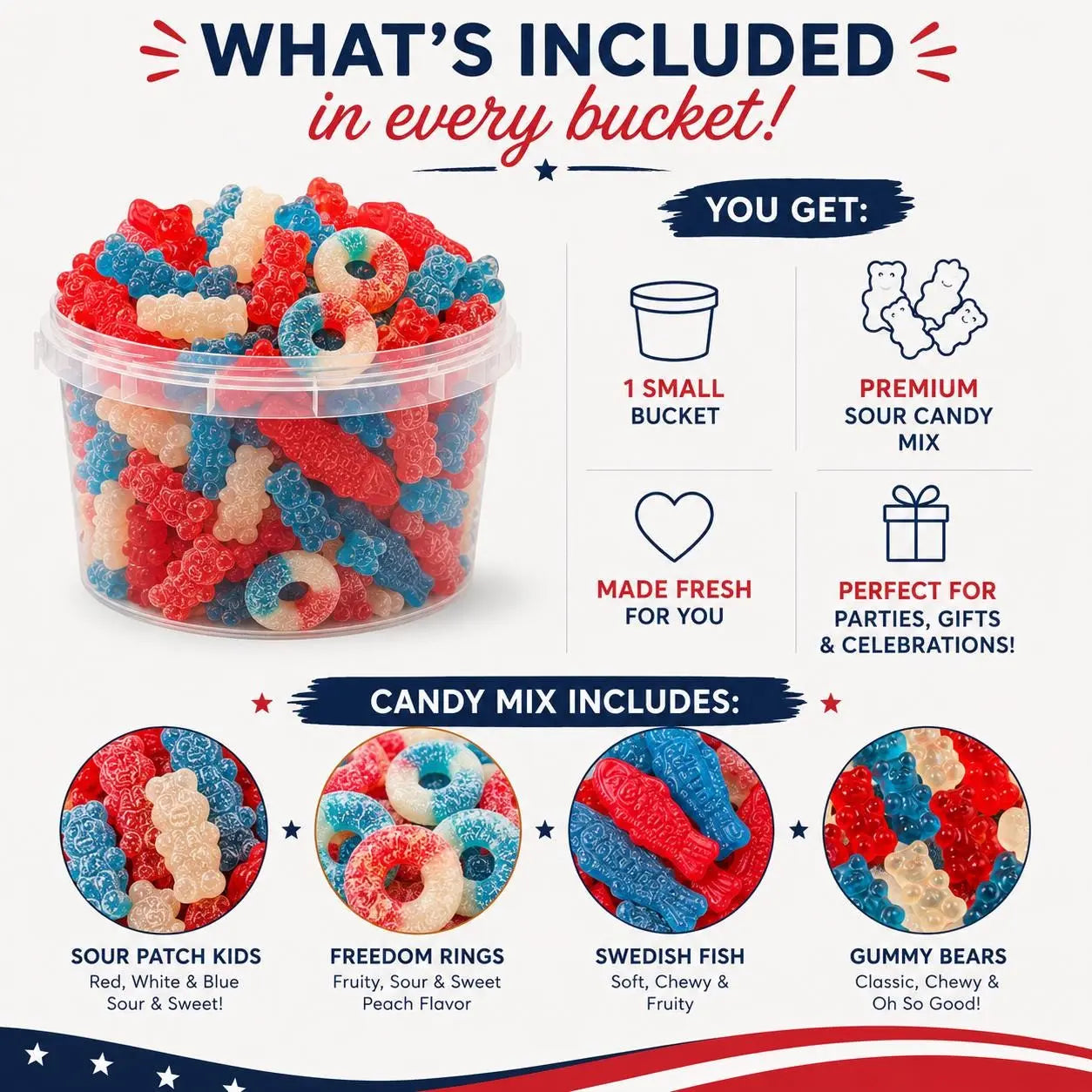 4th of July Candy Buckets Patriotic Party Favors Red White & Blue Candy Mix Party in the USA Favor Buckets BBQ Party Treats Twentynine Luxury