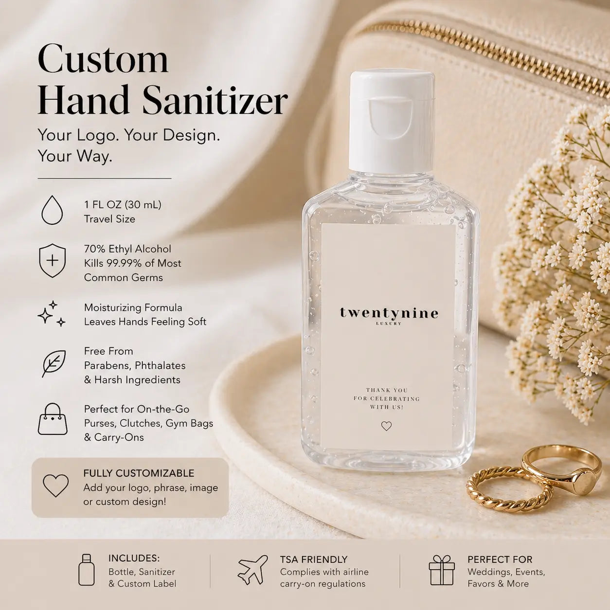 Custom Hand Sanitizer Favors Personalized Labels Wedding Favors Bridal Shower, Baby Shower, Party Favors Custom Logo Sanitizer Twentynine Luxury