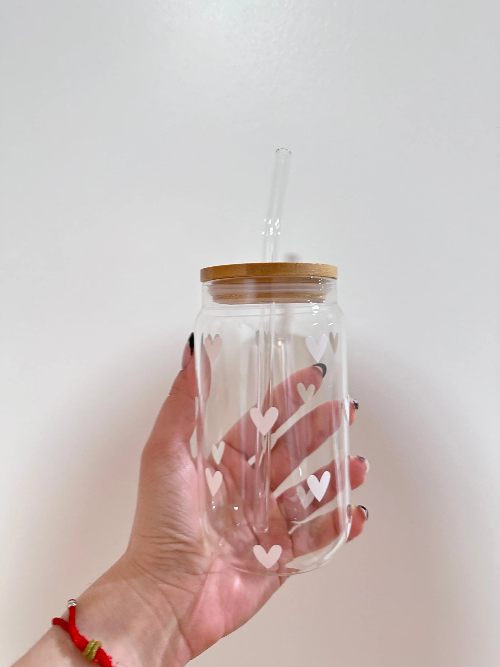 16oz Color Changing Libbey Glass Cup | Pink Heart Iced Coffee Glass | Glass Can Cup with Bamboo Lid & Straw - Twentynine Luxury