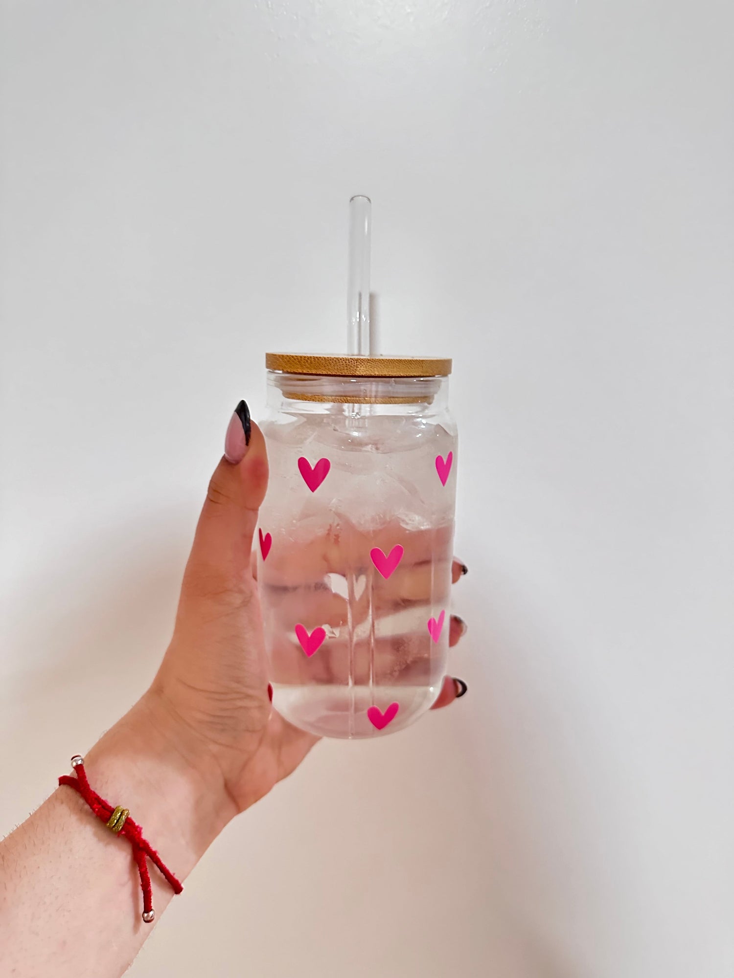 16oz Color Changing Libbey Glass Cup | Pink Heart Iced Coffee Glass | Glass Can Cup with Bamboo Lid & Straw Twentynine Luxury