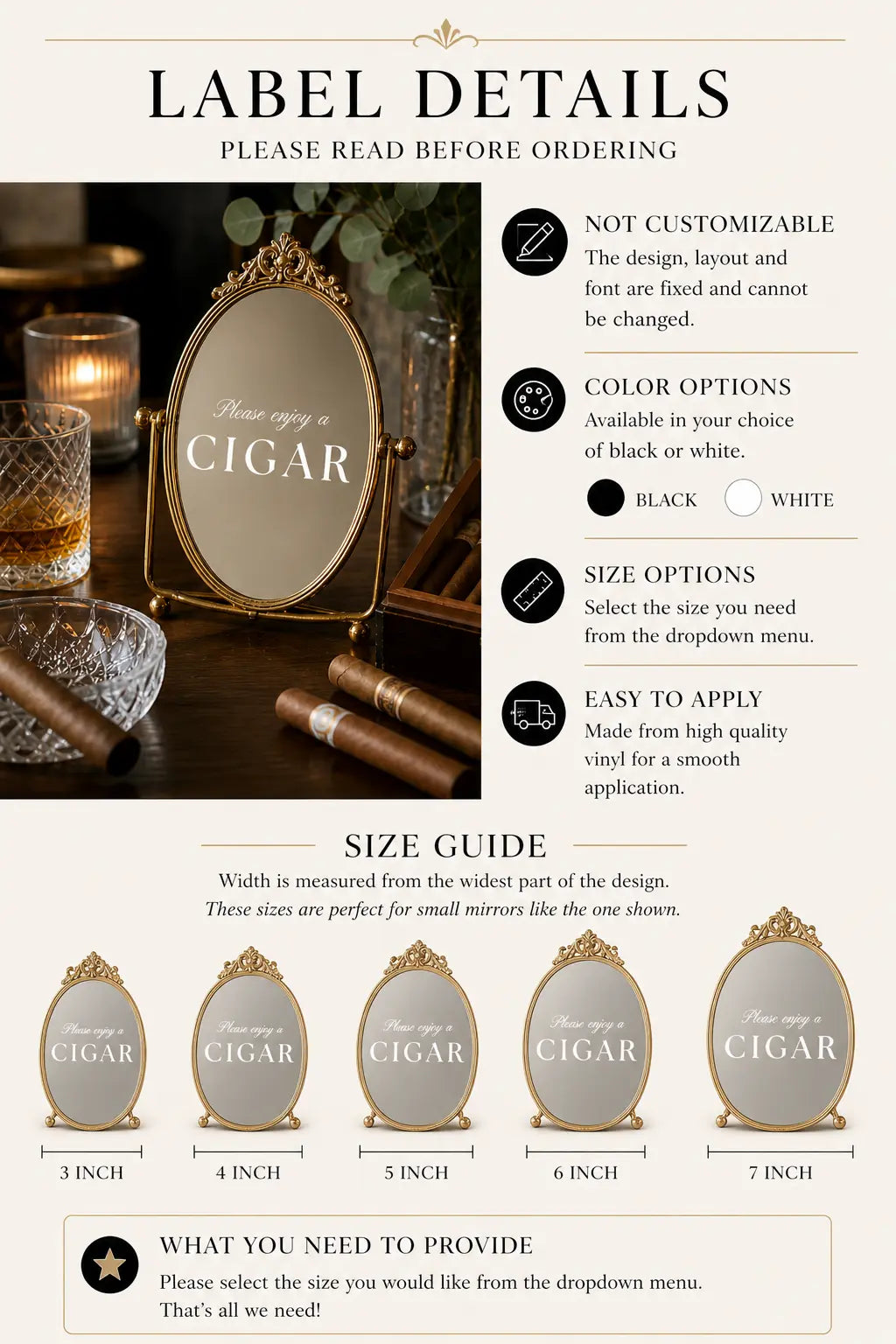 Cigar Bar Mirror Sign Wedding Cigar Bar Decor Groom’s Suite Sign Bachelor Party Decor Vinyl Mirror Label (No Customization) Twentynine Luxury