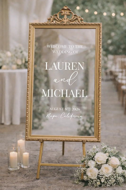 Decorative wedding sign with 'Welcome to the Wedding of Lauren and Michael' on a wooden floor with candles and flowers.